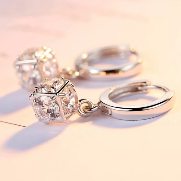 Sterling Silver 925 CZ Drop Huggie Hoop Earrings - Picture 3 of 6
